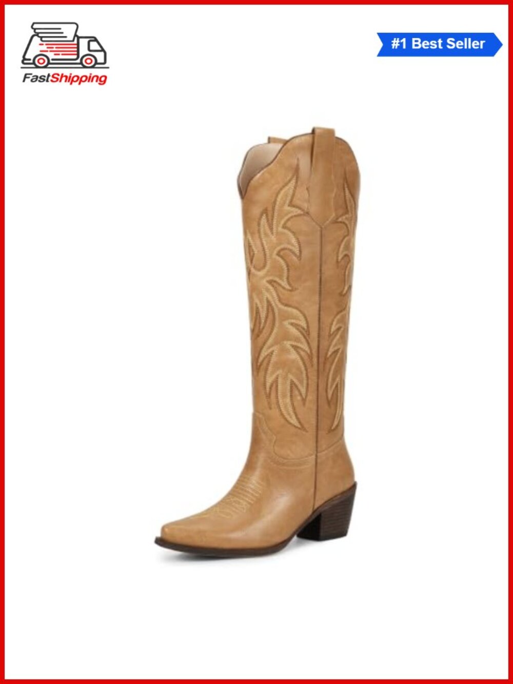 ✨ Faux Leather Knee High Western Cowboy Boots Snip Toe Block Heel
